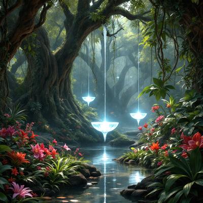 The primary subject of the image is a waterfall surrounded by a lush forest. The waterfall is located in the middle of the scene, and it appears to be a digital art or illustration. The setting is a forest with trees and plants, creating a serene and natural atmosphere. The colors in the image are predominantly green, with the waterfall adding a touch of blue. The overall mood of the image is one of tranquility and beauty.